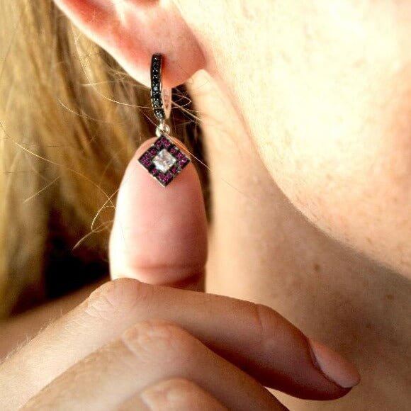 18Kt White Gold DECO Pink Sapphire Black Diamond Hinged Earrings - Chris Correia