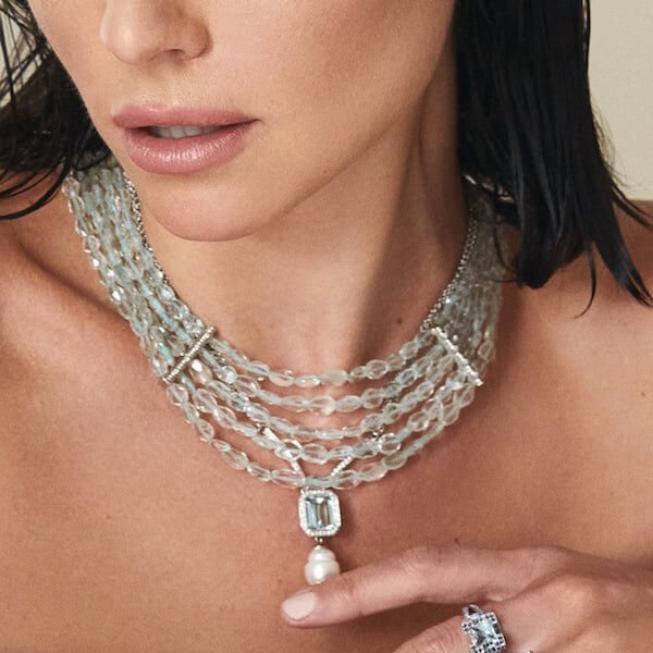 Platinum Emerald Cut Aquamarine Pearl Diamond Necklace - Chris Correia