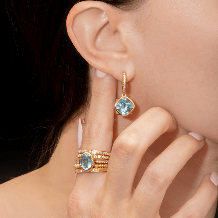 18 KT Yellow Gold Cushion Shaped Blue Topaz Earrings - Chris Correia