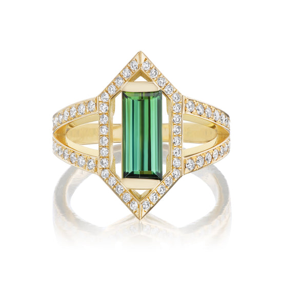 18k Yellow Gold Rectangular Green Tourmaline Ring with diamond accents by Chris Correia