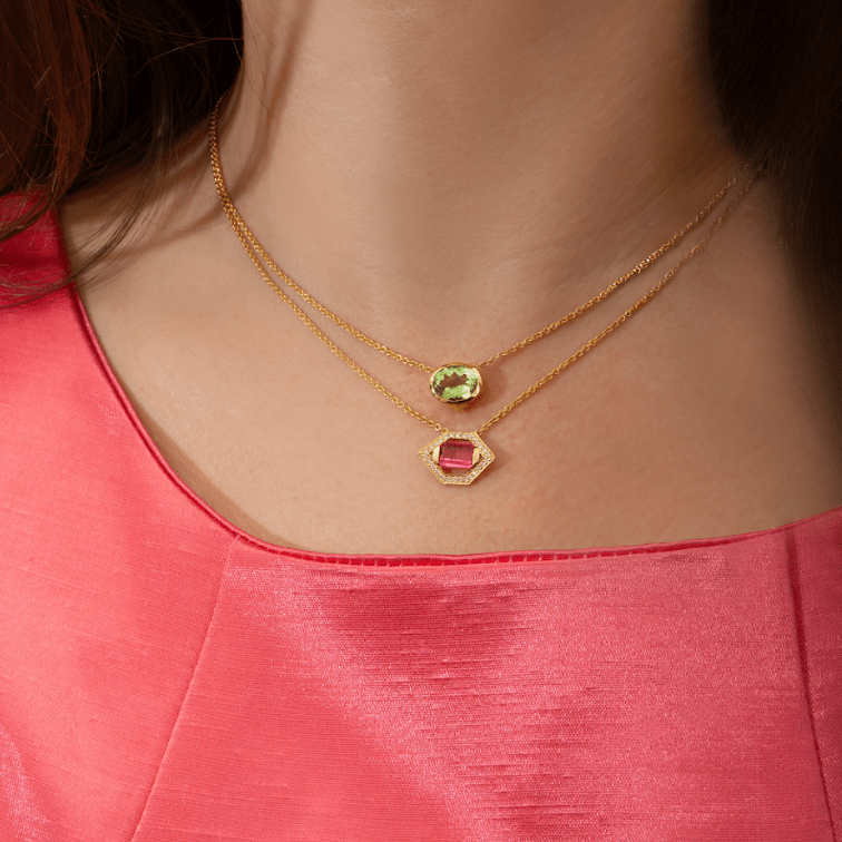 18Kt Yellow Gold Emerald Cut Pink Tourmaline Necklace - Chris Correia