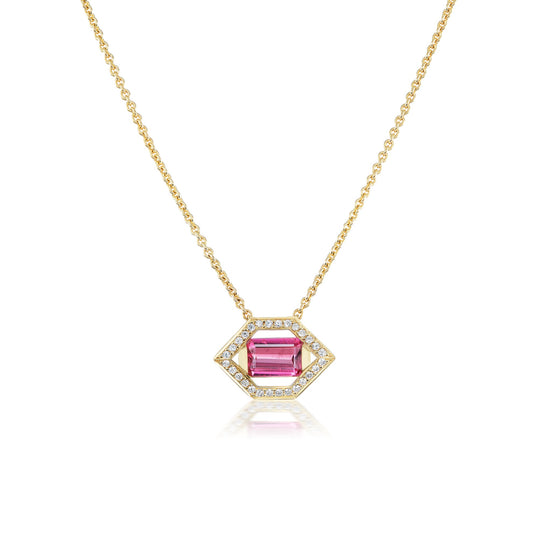 Emerald-cut pink tourmaline necklace in 18k yellow gold with pavé diamonds