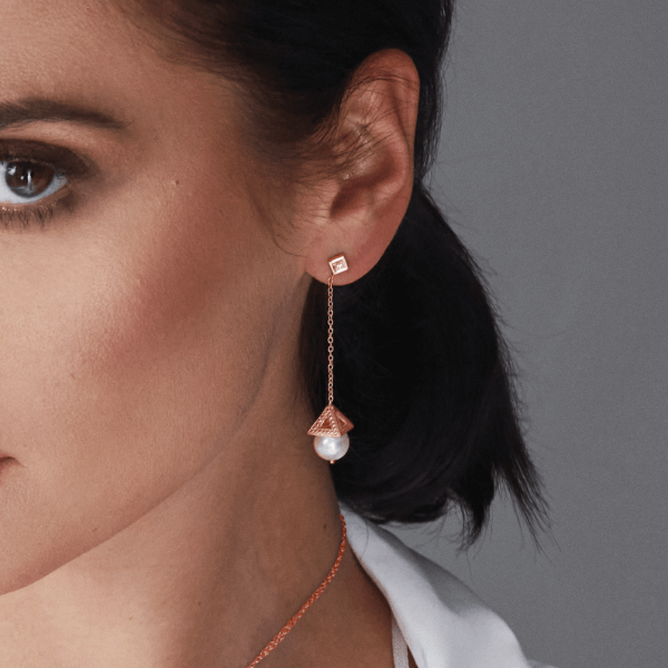 18Kt Rose Gold PAGODA Pearl Diamond Earrings - Chris Correia