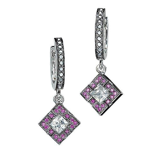 18Kt White Gold DECO Pink Sapphire Black Diamond Hinged Earrings - Chris Correia