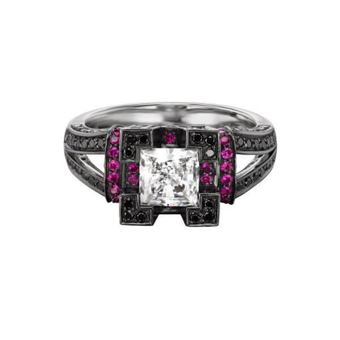 18Kt White Gold DECO Princess Cut Diamond Ring with Pink Sapphire/Black Diamonds - Chris Correia