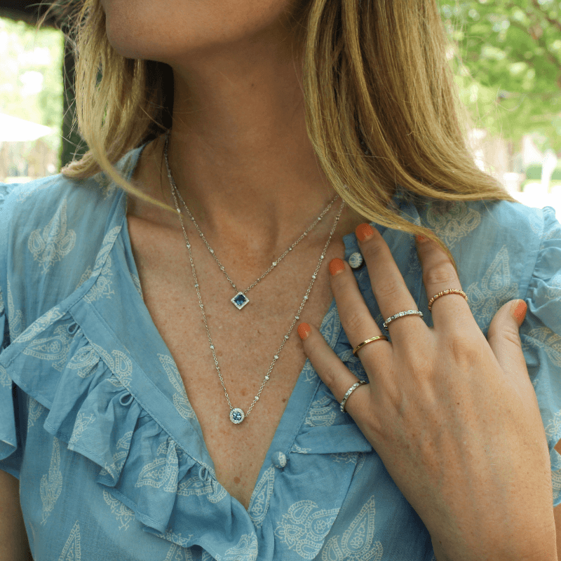 18kt White Gold Radiant Cut Blue Sapphire Diamond Necklace | Chris Correia Fine Jewelry