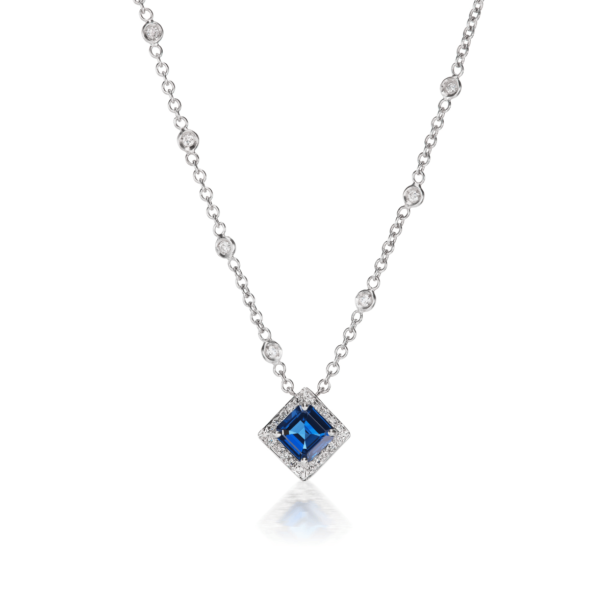 18Kt White Gold Radiant Cut Blue Sapphire Diamond Necklace - Chris Correia