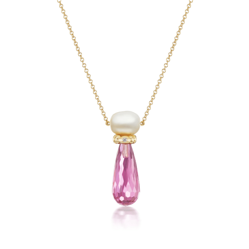Pink Tourmaline Pearl Diamond 18kt. Yellow Gold Necklace - Chris Correia