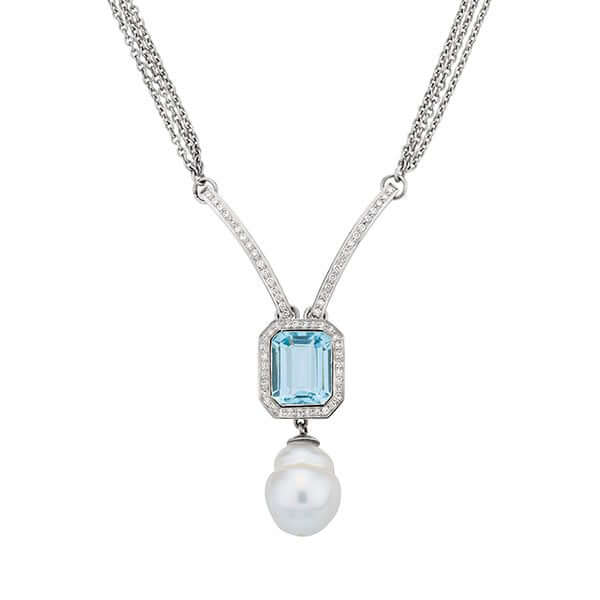 Platinum Emerald Cut Aquamarine Pearl Diamond Necklace - Chris Correia
