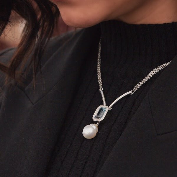 Platinum Emerald Cut Aquamarine Pearl Diamond Necklace - Chris Correia