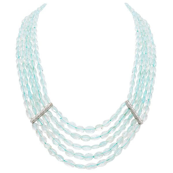 Platinum Five Strand Aquamarine Diamond Gumdrop Draped Necklace - Chris Correia