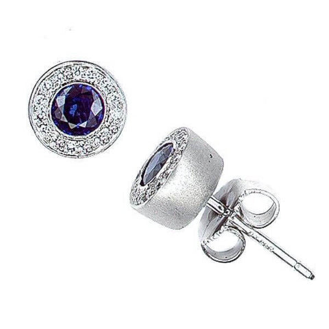 Platinum Round Blue Sapphire Diamond Stud Earrings - Chris Correia