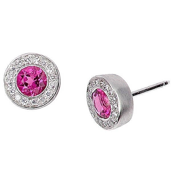 Platinum Round Pink Tourmaline Diamond Stud Earrings - Chris Correia