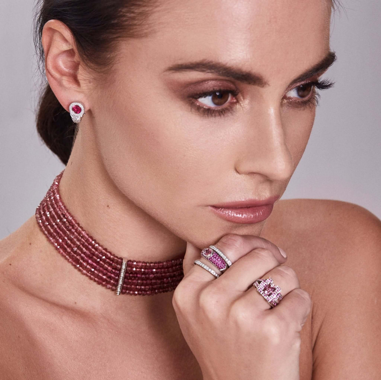 Platinum Six Strand Pink Tourmaline Diamond Gumdrop Choker Necklace - Chris Correia