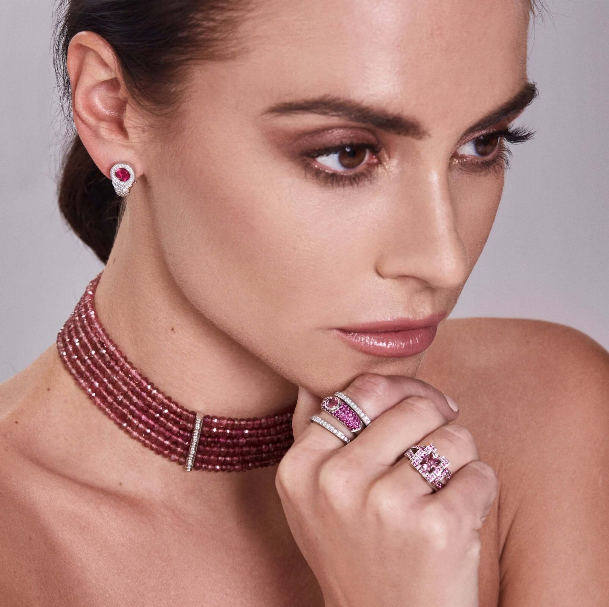 Platinum Six Strand Pink Tourmaline Diamond Gumdrop Choker Necklace - Chris Correia