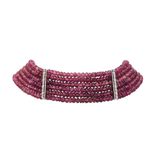 Platinum Six Strand Pink Tourmaline Diamond Gumdrop Choker Necklace - Chris Correia