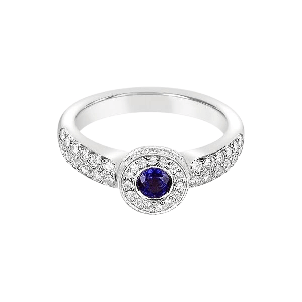 Platinum Small Round Blue Sapphire Pave Diamond Ring - Chris Correia