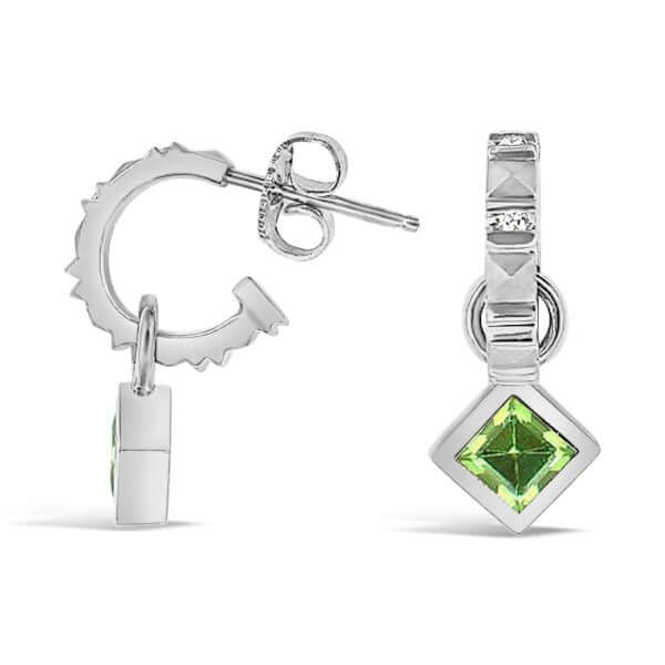 Platinum 'Sugarloaf' Diamond Hoop Earrings Square Peridot Drop - Chris Correia